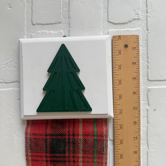 Holiday Card Holder Wooden Topper Green Christmas Tree Red Plaid Wide Ribbon - Picture 4 of 6
